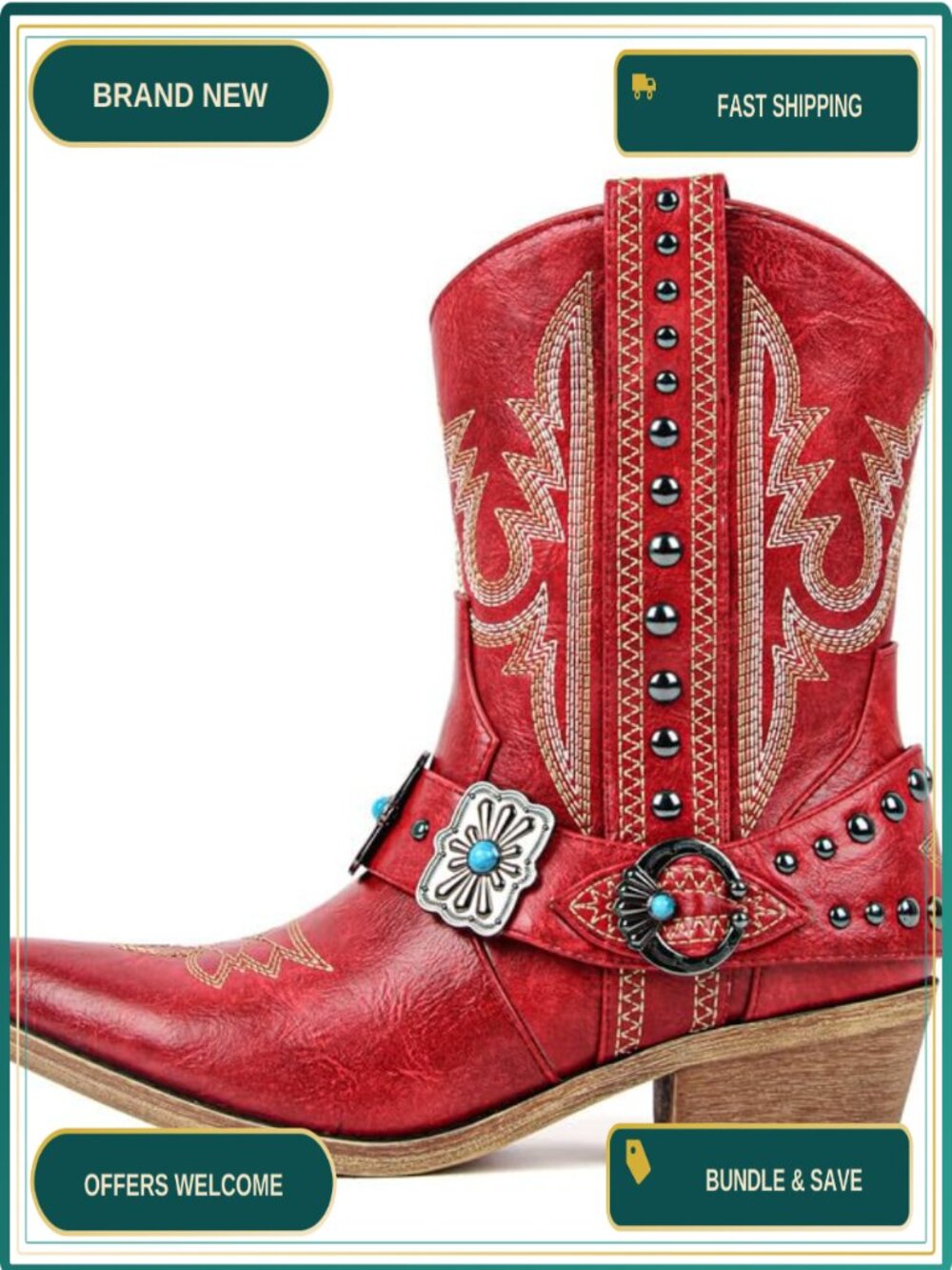 Western Ankle Boots Pointed Toe Block Heel Faux Leather